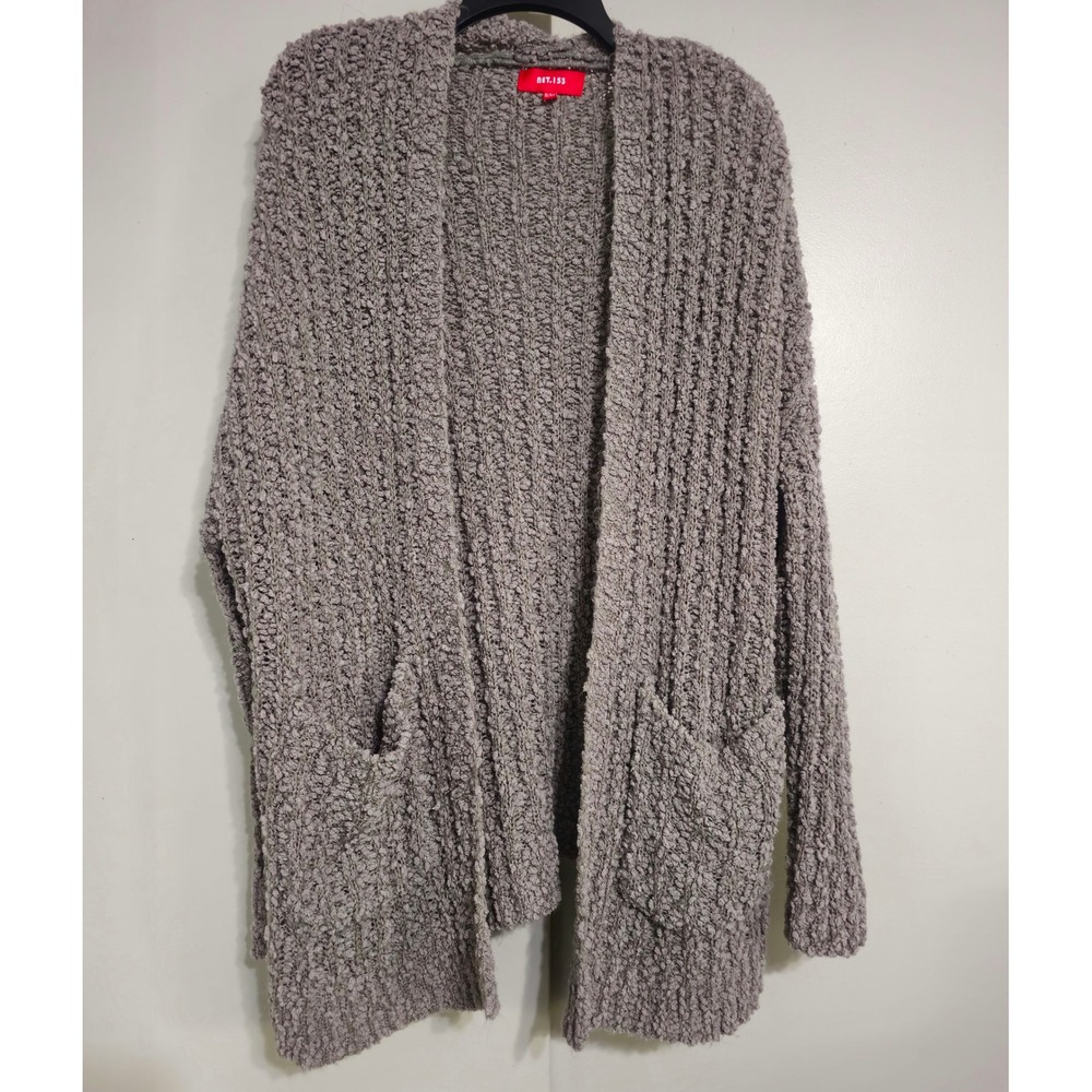 NET.153 Taupe Grey Popcorn Knit Open Front Cardigan Sweater Pockets S/M